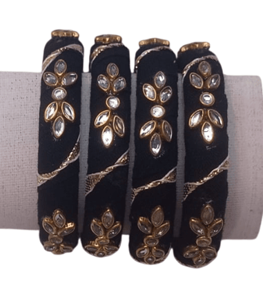 Black Cotton Bangle Set with Kundan Stones