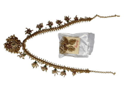 Gold-plated traditional South Indian temple jewellery haram with matching jhumkas Gold-plated traditional South Indian temple jewellery haram with matching jhumkas