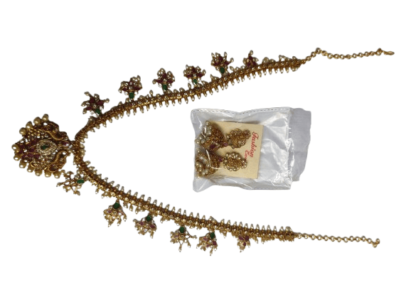 Gold-plated traditional South Indian temple jewellery haram with matching jhumkas