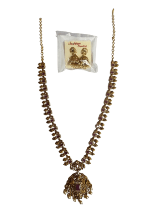 Gold-plated traditional Indian long haram necklace with matching earrings for women Gold-plated traditional Indian long haram necklace with matching earrings for women