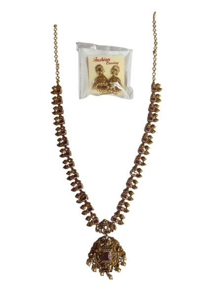 Gold-plated traditional Indian long haram necklace with matching earrings for women