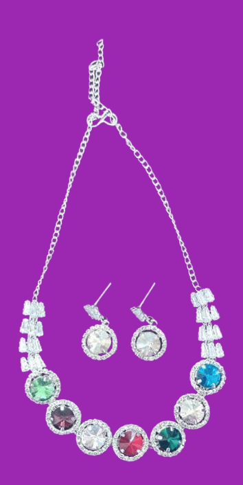 Stunning Multicolor Crystal Bridal Necklace and Earrings Set with Silver-Plated Chain