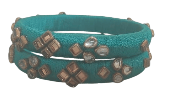 Indian Silk Thread Bangle Set with Kundan and Pearl Embellishment - Peacock Green