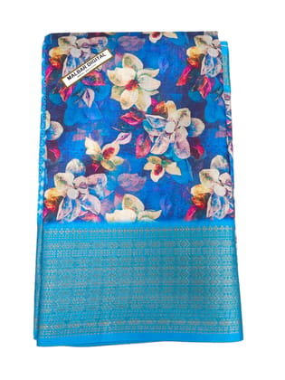 Blue Floral Saree With Golden Border Blue Floral Saree With Golden Border