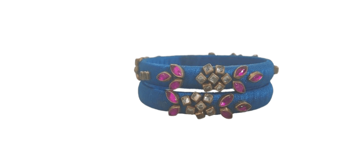 Blue Silk Thread Bangle with Pink Stone and Pearl Embellishment