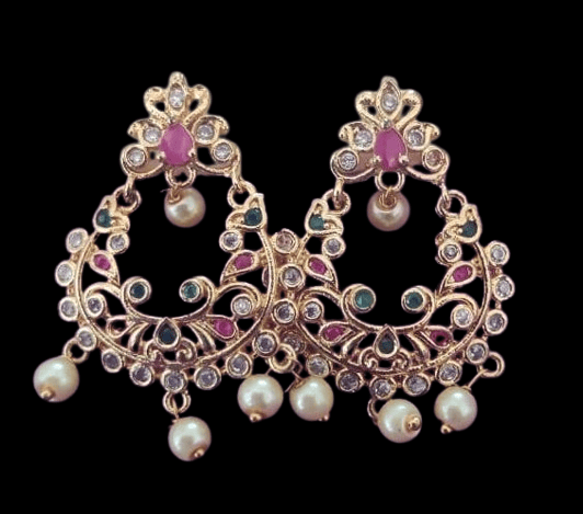 14k Gold Plated Chandbali Earrings with Ruby and Emerald Stones and Pearls