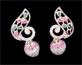 14K White Gold Plated Leaf Shape Cubic Zirconia and Ruby Dangle Earrings