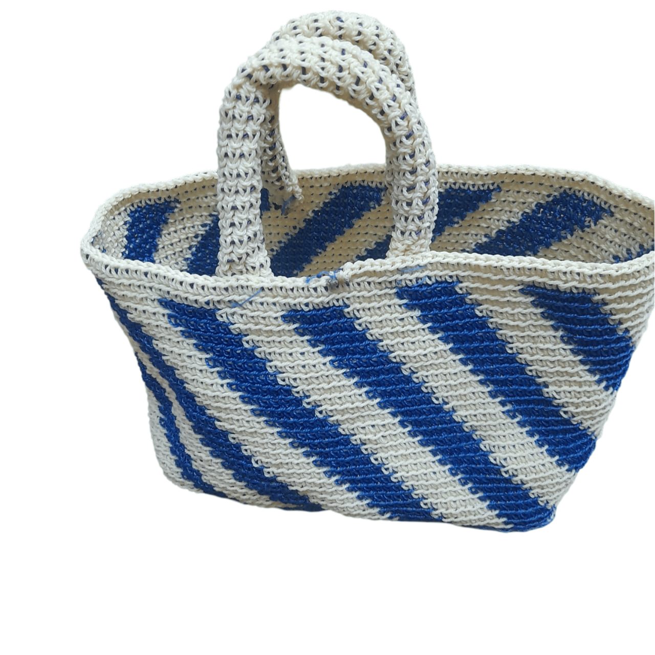Handmade Crochet Striped Market Bag with Blue and White Cotton Yarn