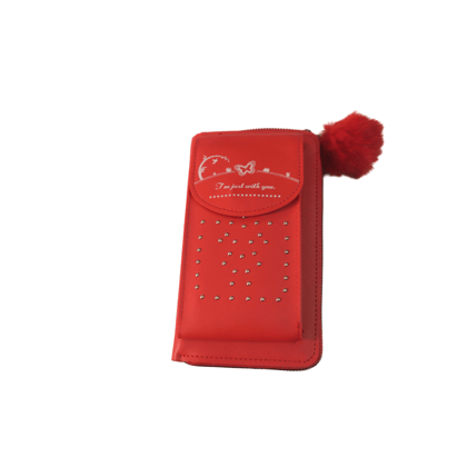 Red Embossed PU Leather Wallet with Fur Ball Charm Red Embossed PU Leather Wallet with Fur Ball Charm