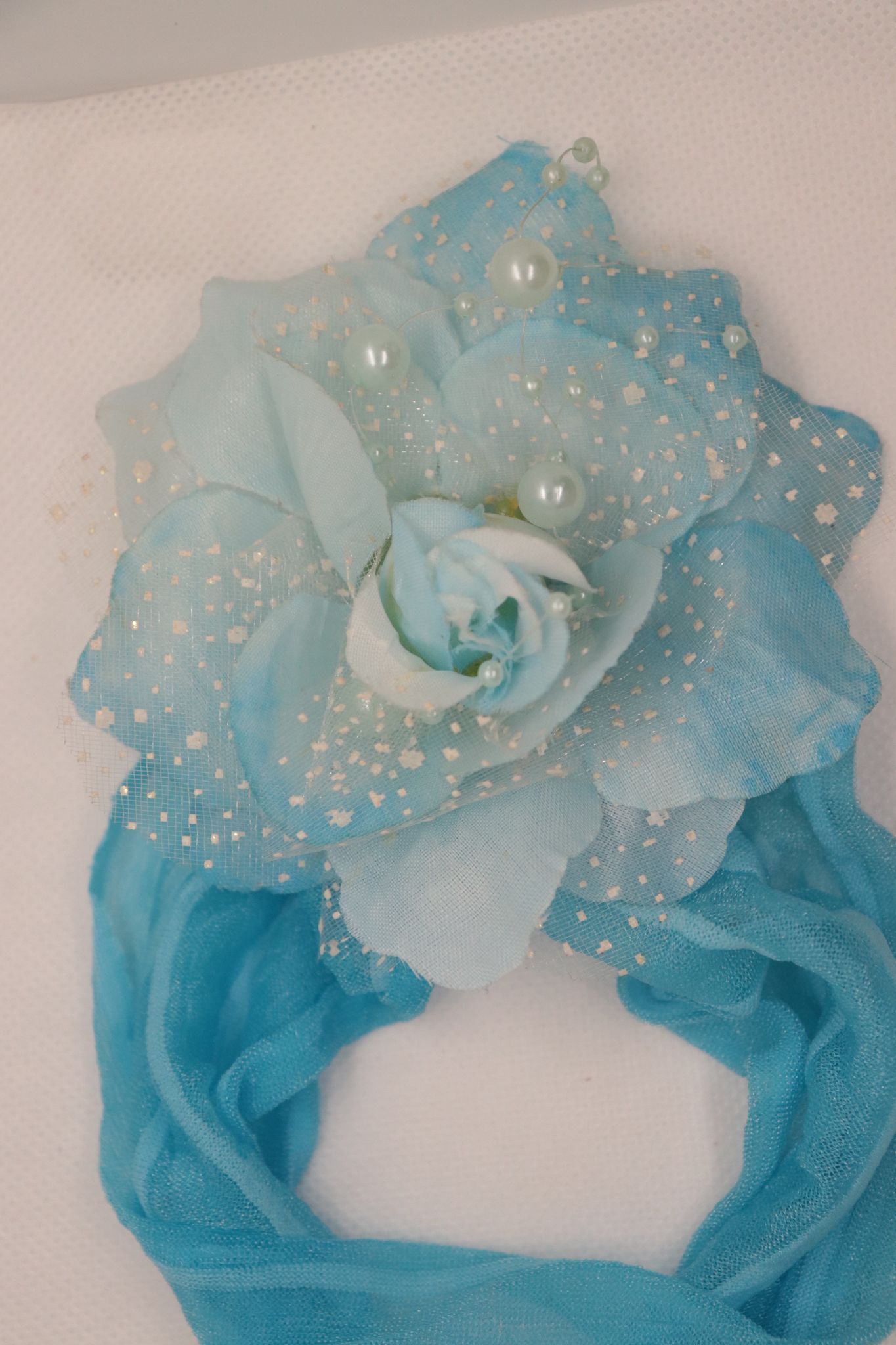 Blue Chiffon Flower Headband with Pearls