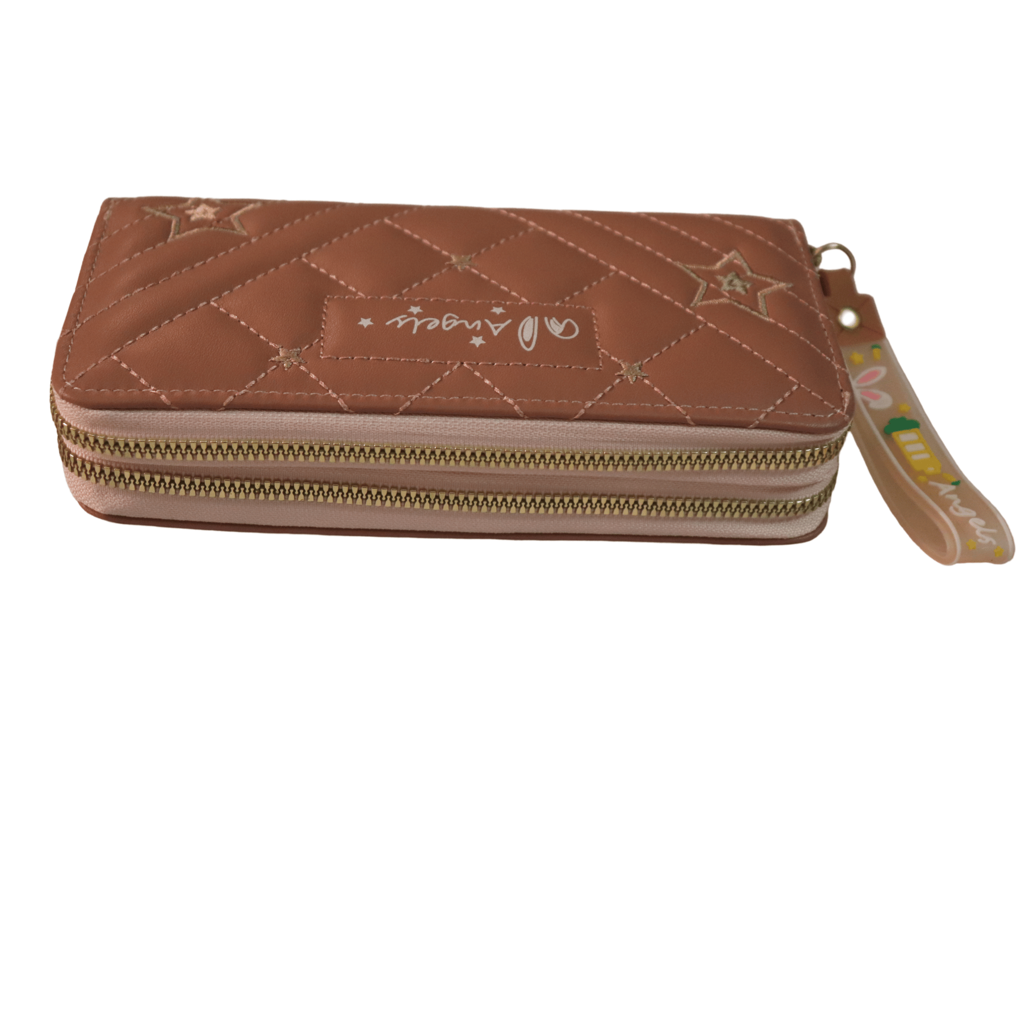 Brown Quilted Double Zip Wallet with Star Accents