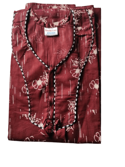 Women's Cotton Long Nighty/Maxi With Printed Design And Piping Detailing