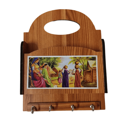 Wooden Key Holder with Village Scene Painting and 4 Hooks for Wall Mount Wooden Key Holder with Village Scene Painting and 4 Hooks for Wall Mount