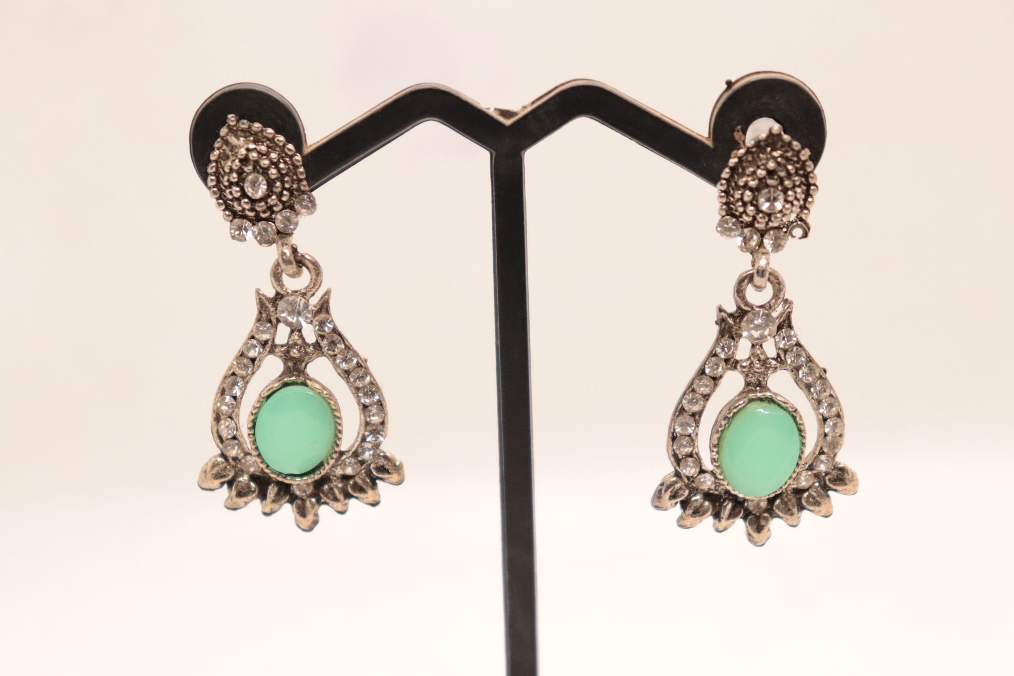 Silver Green Teardrop Earrings with Cubic Zirconia