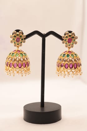 Exquisite Gold Plated Kundan and Pearl Jhumka Earrings with Ruby and Emerald Stones