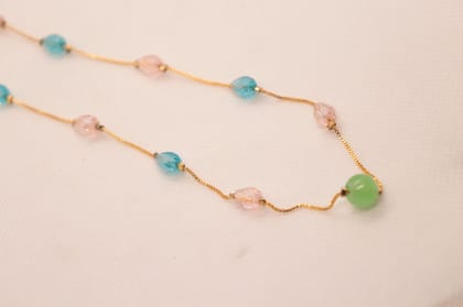 Gold Filled Chain Necklace with Aquamarine, Rose Quartz, and Green Jade Beads