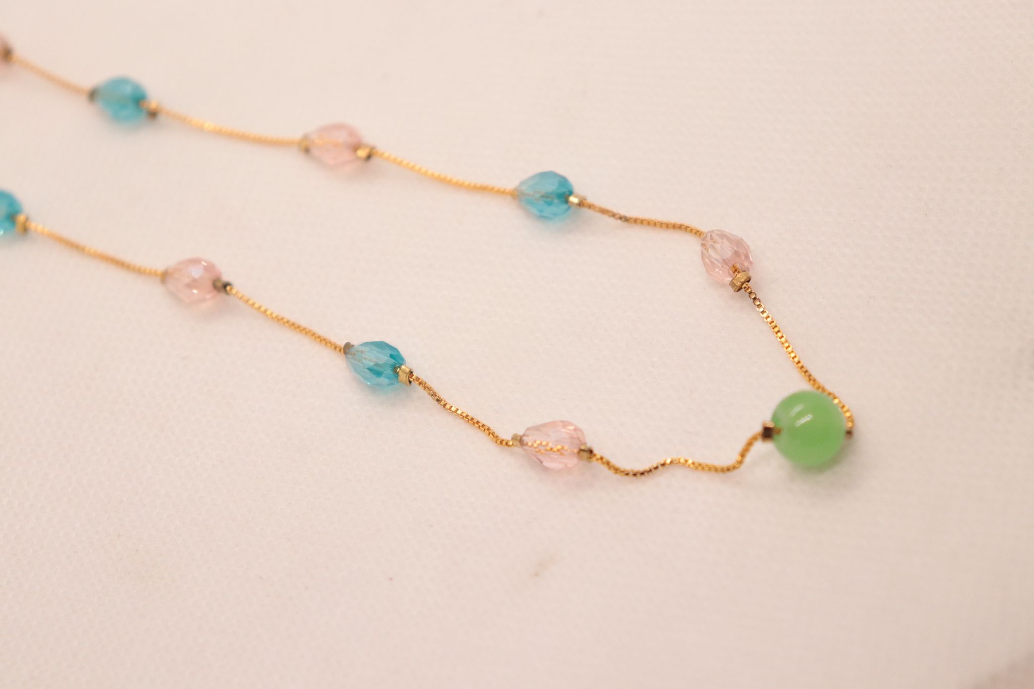 Gold Filled Chain Necklace with Aquamarine, Rose Quartz, and Green Jade Beads