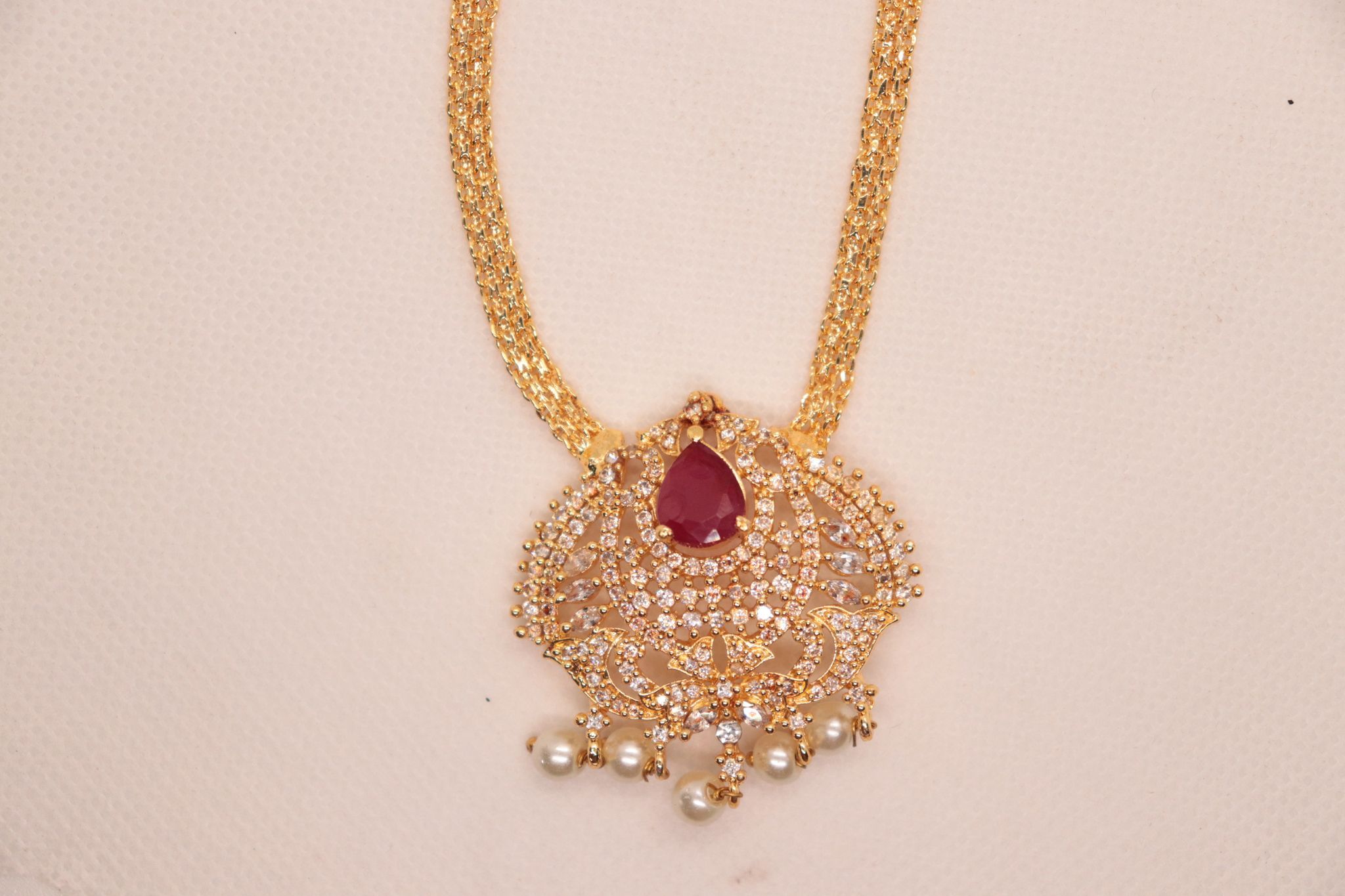 Gold Plated AD Stone Pendant Set with Ruby Stone and Pearls