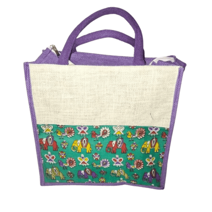 Purple Jute Bag with Colorful Elephant Print and Zipper Closure