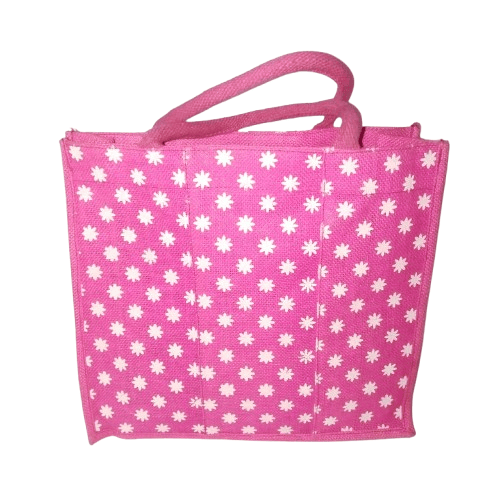 Pink Floral Jute Tote Bag with Double Handles and Magnetic Snap Closure