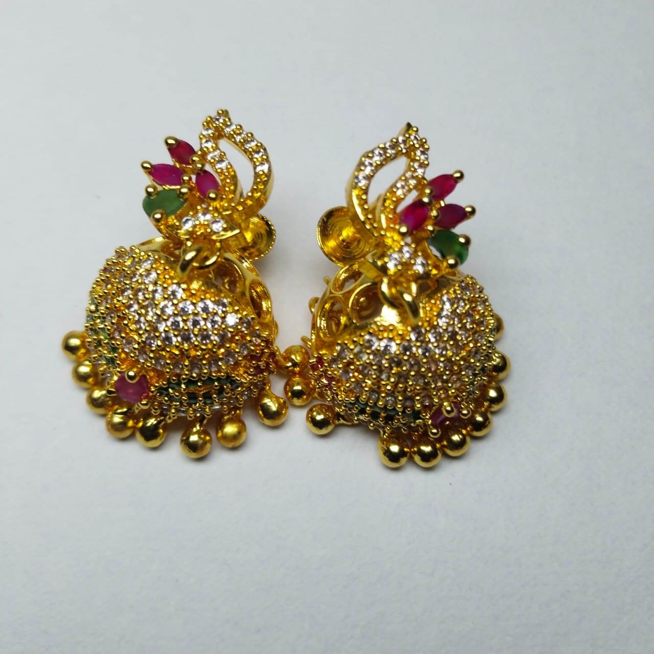 Gold Plated Traditional Indian Jhumka Earrings with Cubic Zirconia Stones for Women