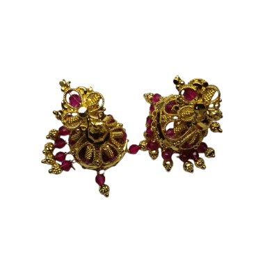 Gold Traditional Indian Jhumka Earrings with Pink Stones Gold Traditional Indian Jhumka Earrings with Pink Stones