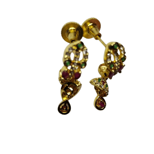 Gold Plated Kundan and Pearl Drop Earrings with Green and Red Stones