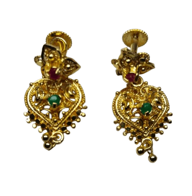 Gold Plated Traditional Indian Jhumka Earrings with Ruby and Emerald Stones