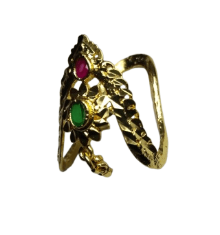 Gold Plated Adjustable Finger Ring With Ruby and Emerald Stones
