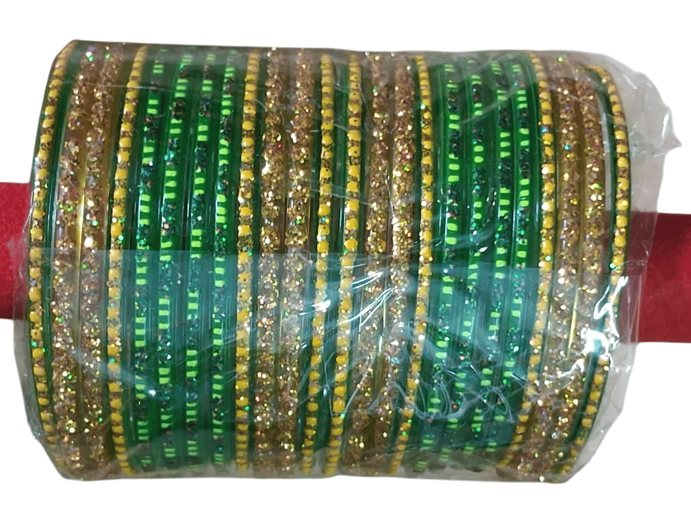 Green and Gold Glittery Glass Bangles