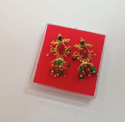 14k Gold Plated Traditional Indian Jhumka Earrings with Red and Green Stones