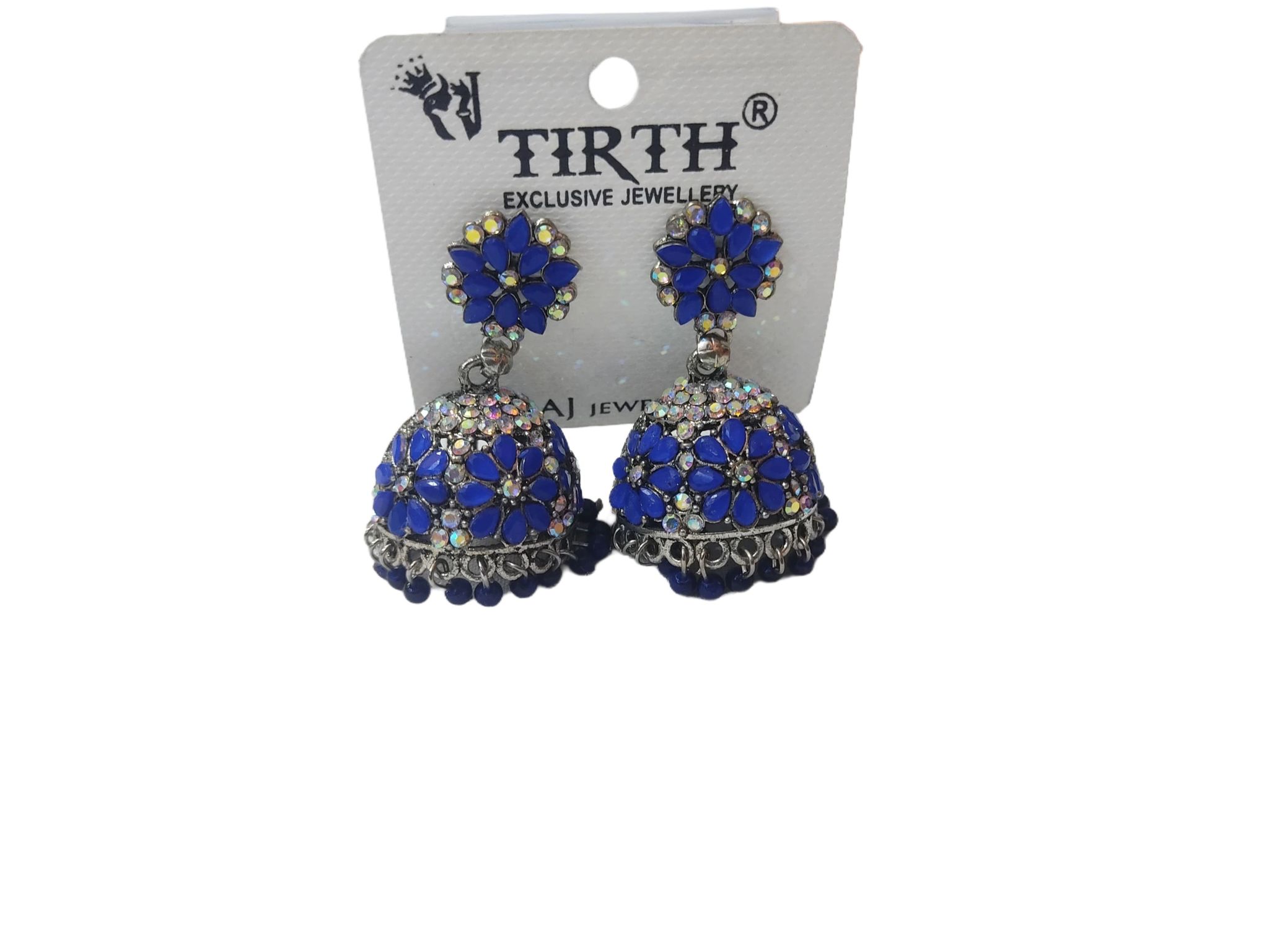 oxidized silver jhumka earrings with blue stones