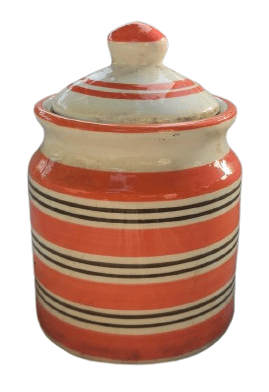 Red and White Striped Ceramic Jar with Lid