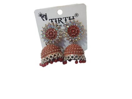 oxidized silver jhumka earrings with red stone and pearl drops