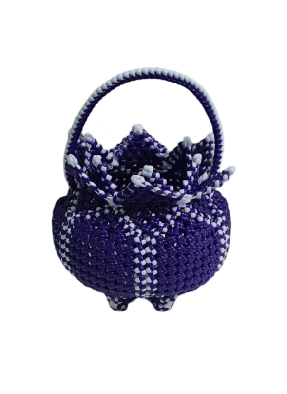 Purple and White Handwoven Basket with Handle