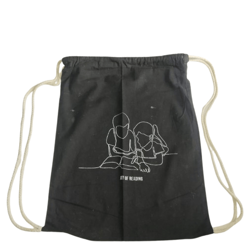Black Drawstring Bag with "Joy of Reading" Design