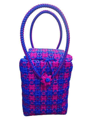 Handwoven Purple and Blue Plastic Basket Bag with Double Handles Handwoven Purple and Blue Plastic Basket Bag with Double Handles