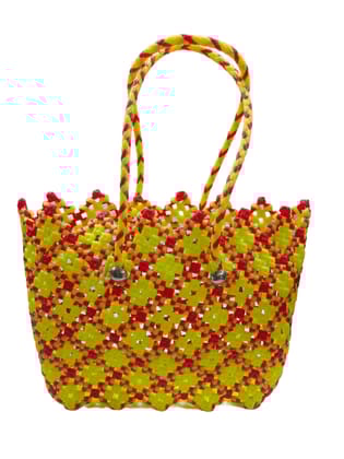 Handmade Colorful Beaded Tote Bag with Red and Yellow Checkered Pattern Handmade Colorful Beaded Tote Bag with Red and Yellow Checkered Pattern