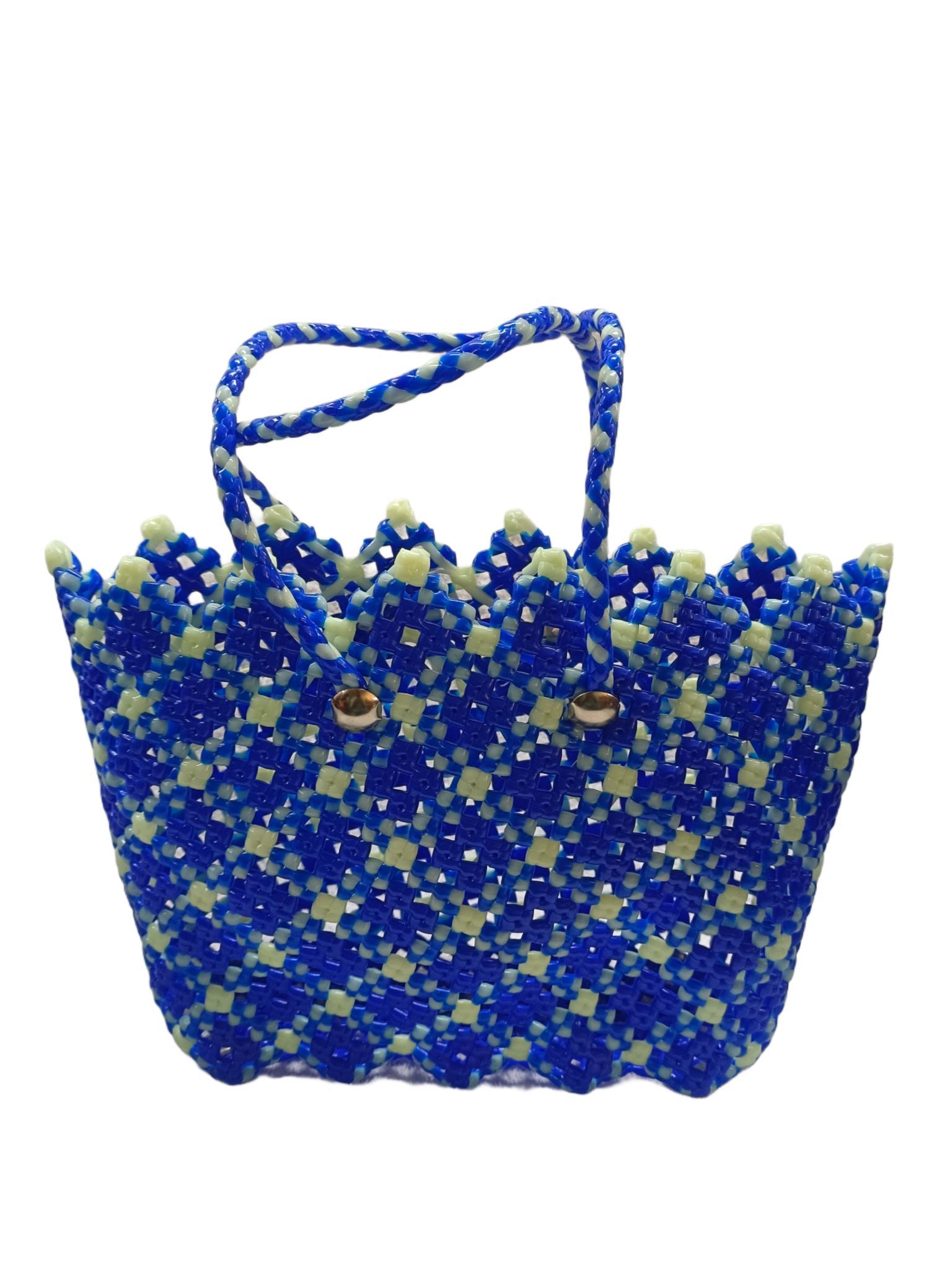 Blue Handwoven Market Tote Bag with Button Closure