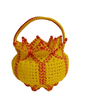 Plastic yellow basket with red handle for home decor