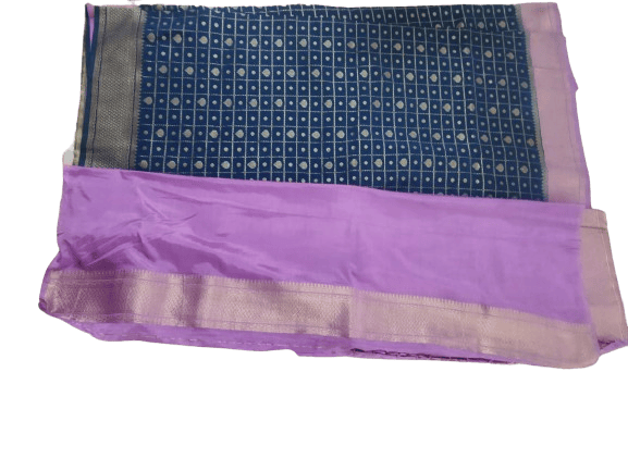 Navy Blue Georgette Saree With Golden Zari Work And Pink Border
