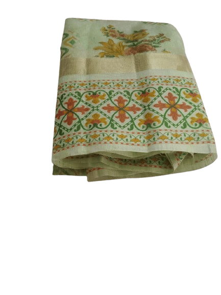 Pista Green Linen Saree With Floral Print and Golden Zari Border