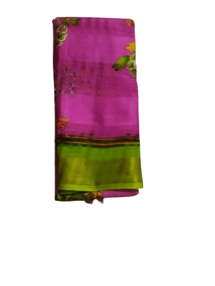 Pink Floral With Green Border Georgette Saree with Blouse Piece