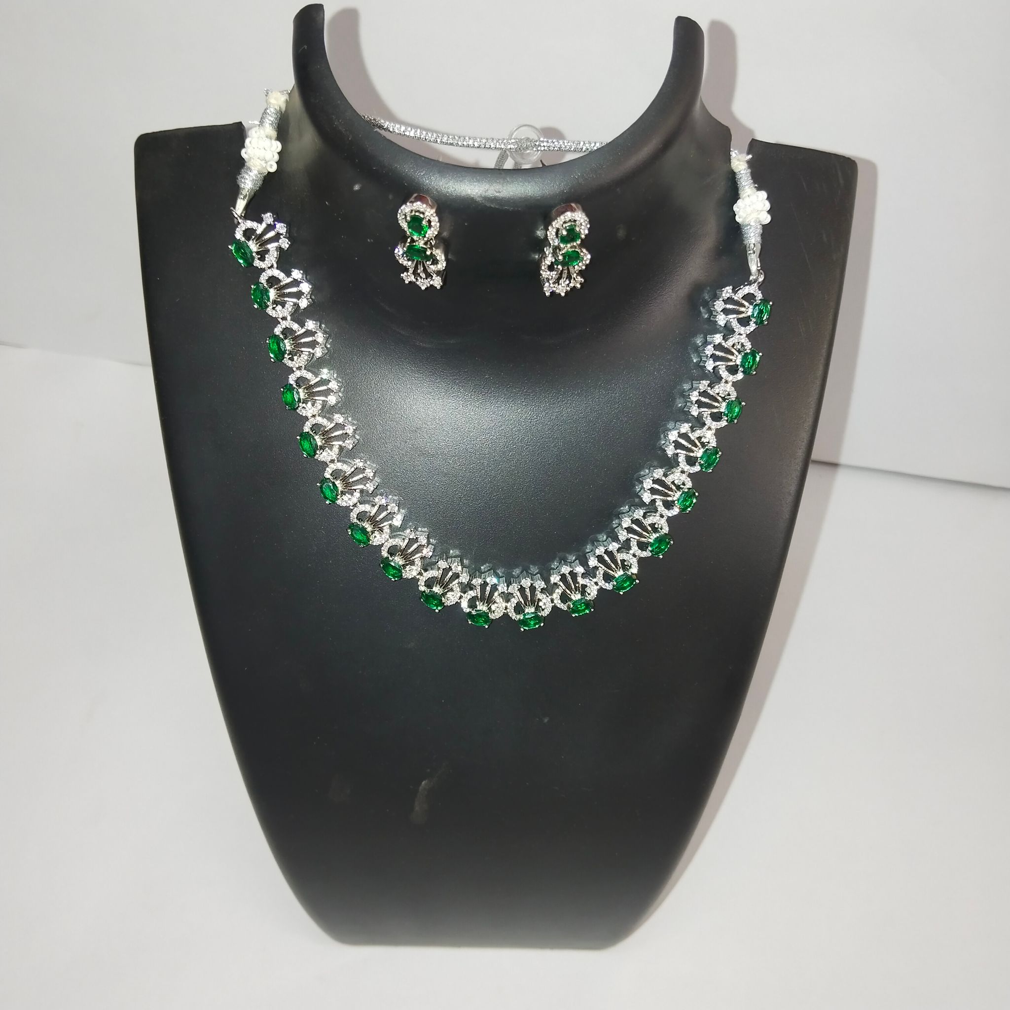 American Diamond Necklace Set with Green Stones and Earrings for Women