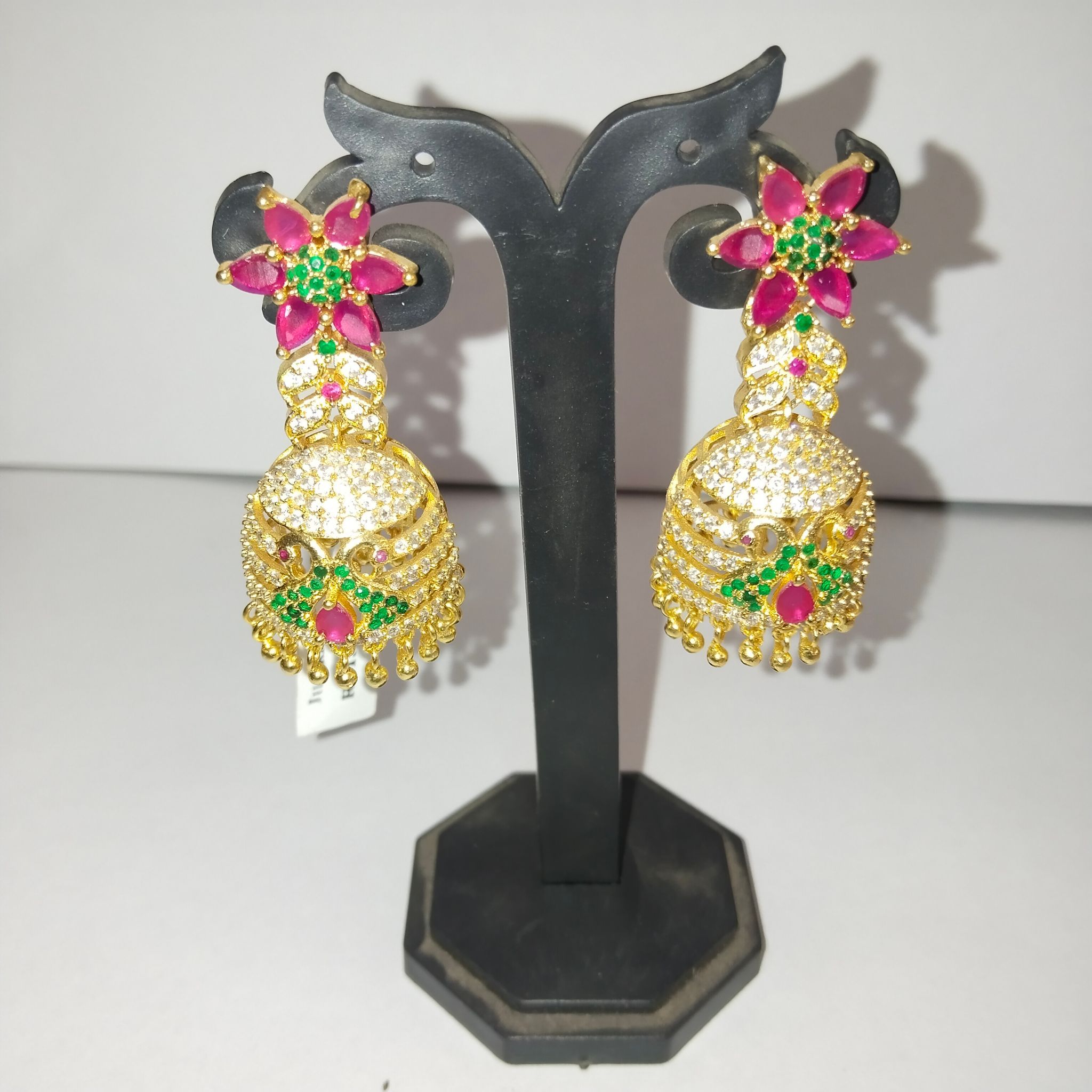 Gold Plated Kundan and Meenakari Peacock Jhumka Earrings with Ruby and Emerald Stones