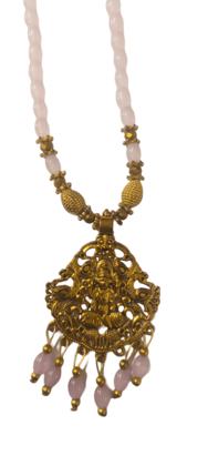 oxidized gold plated pendant set with pink beads mala