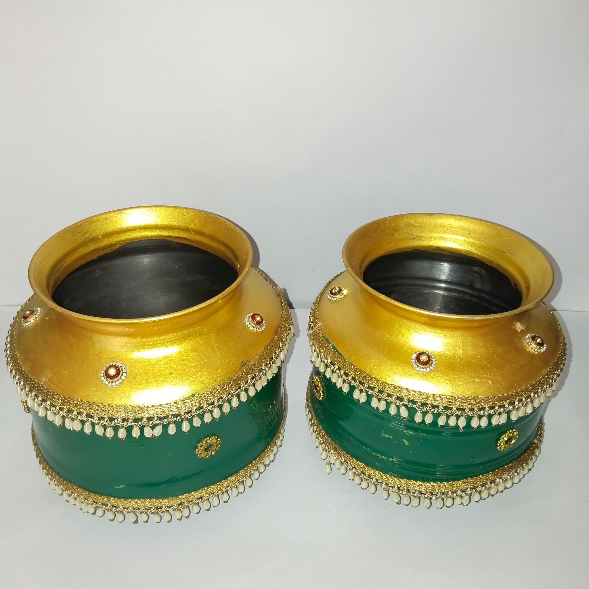 Gold and Green Decorative Kalash Set for Weddings and Festivals