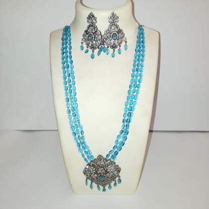 Silver Long Necklace Set With Sky Blue Beads