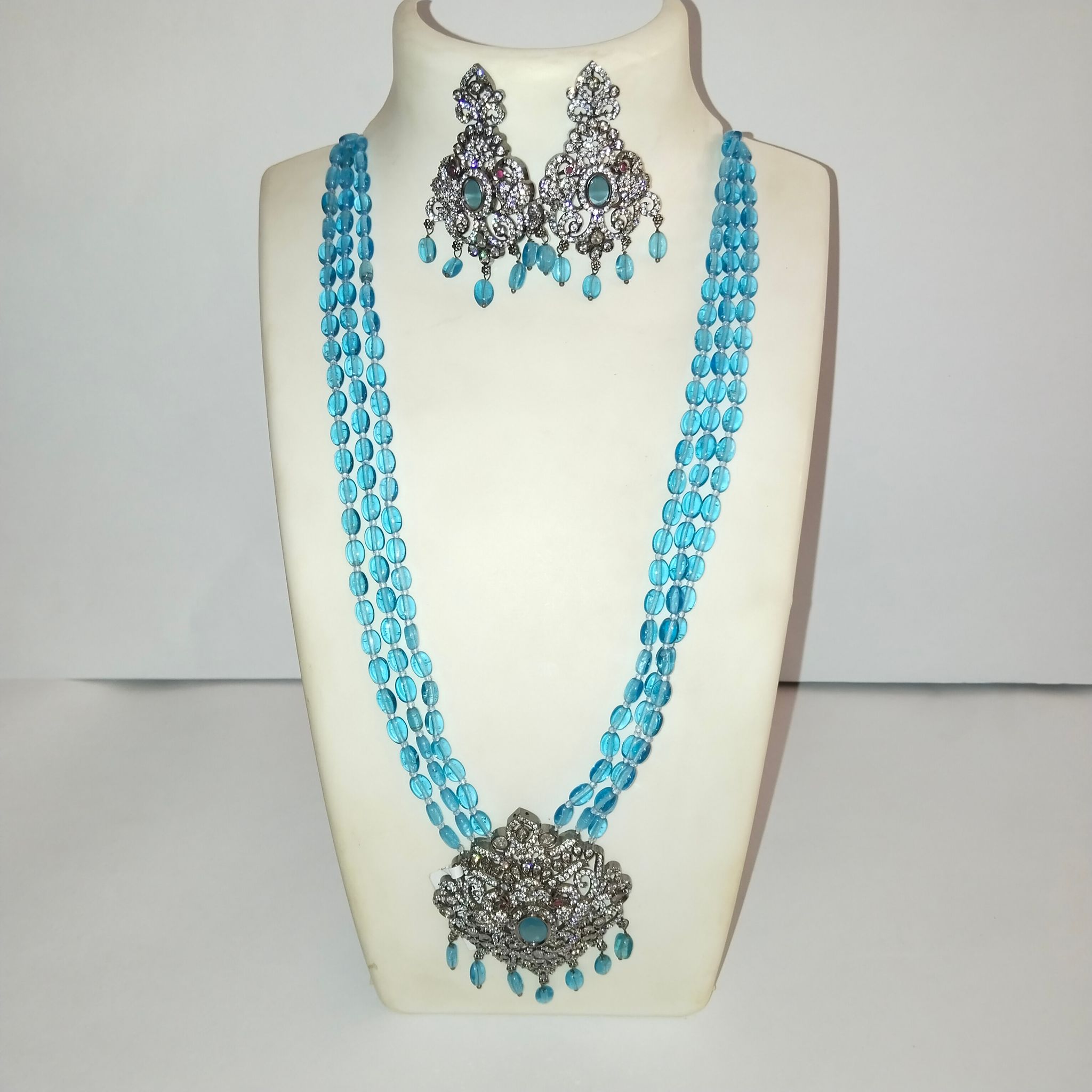 Silver Long Necklace Set With Sky Blue Beads