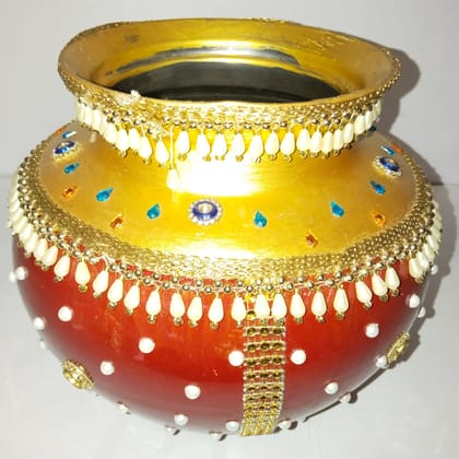 Gold and Red Matka with Pearls and Rhinestones for Wedding and Festival Decor Gold and Red Matka with Pearls and Rhinestones for Wedding and Festival Decor